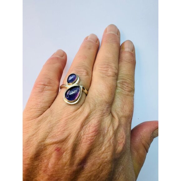 Estate Sterling Silver 925 Pear Shape Amethyst Ring Size 8, Unique Design, 6.43g - Picture 6 of 9